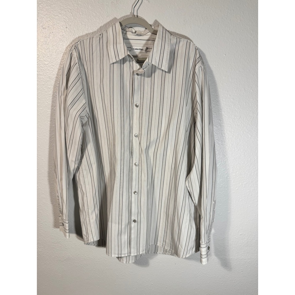 Calvin Klein Mens XL Long Sleeve Button Down Shirt White‎ Black Striped Casual